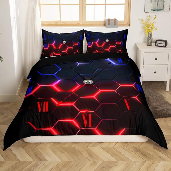 Castle Fairy Honeycomb Bedding Set Queen Size,Red and Blue Hexagon Geometric Duvet Cover Set for Children Present, Abstract Clock Comforter Cover with 2 Pillowcases Polyester Bedspread