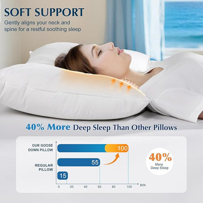 Luxury Goose Feather Down Pillow Queen Size, 100% Cotton Shell, 3-Chamber 5 Star Hotel Pillow for Deep Sleep, Soft Bed Pillows for Neck Pain Relief, Perfect for Side, Back Sleepers - 20"x30"