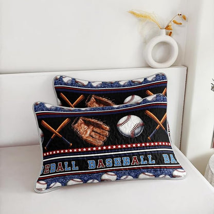 QOOMO Baseball Quilt Set Twin Size,Sports Games Bedspread Coverlet Set,Sports 3Pcs Bedding Set Printed Quilt with 2 Pillowcases,Soft and Lightweight,for All Seasons