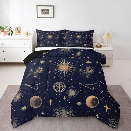 Feelyou Stars Print Comforter Set for Girls Boys Kids Full Size Bohemia Comforter Room Decor Moon Bedding Set Medium Blue Duvet Set