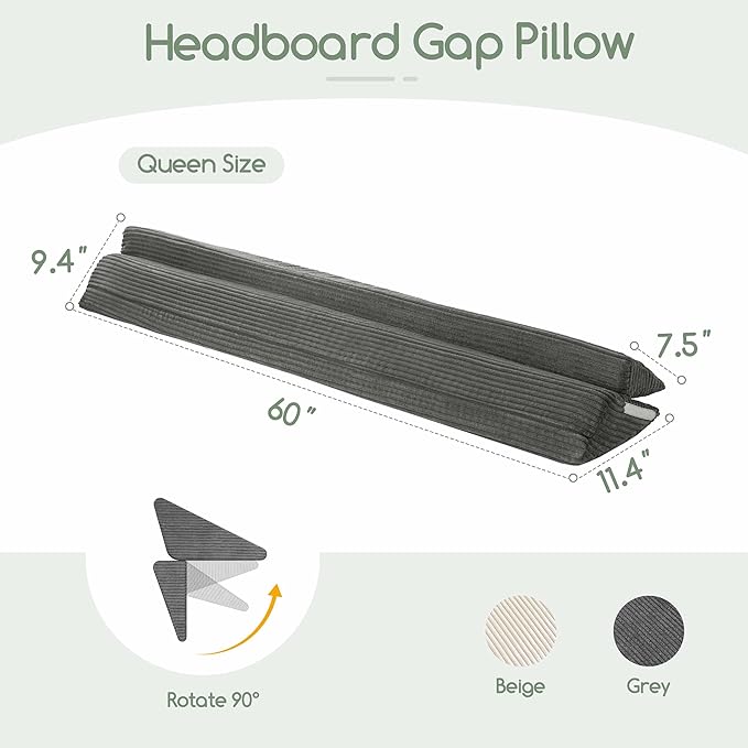 HIGOGOGO Queen Size Wedge Pillow for Headboard Gap - Multi Functional Mattress Wedge Bed Gap Filler Close The Gap (0-7") Between Your Mattress and Headboard or Wall (Grey 60"x11"x9")