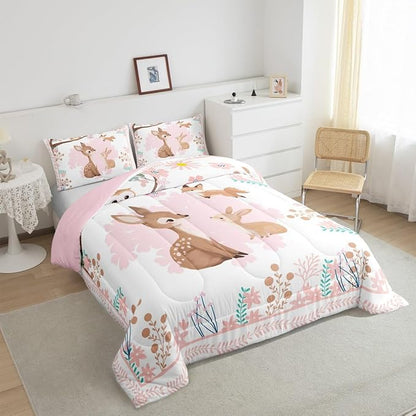 jejeloiu Cute Sika Deer Bedding Set Full Size Pink Flower Comforter Set for Kids Boys Girls Fairytale Theme Duvet Set Kawaii Owl Quilt Set 3Pcs