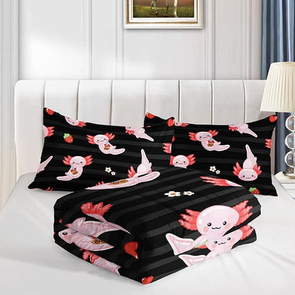 HOSIMA Kids Black Comforter Sets 3 Pieces,Cartoon Axolotl Bedding Sea Wildlife Cute Animals Theme Room Decor,Kawaii Bedding Set Strawberry Comforter King Size with 2 Pillowcases.