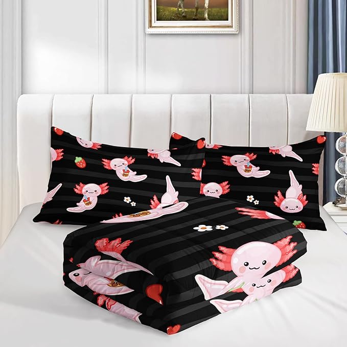 HOSIMA Kids Black Full Size Comforter Sets 3 Pieces,Cartoon Axolotl Bedding Sea Wildlife Cute Animals Theme Room Decor,Kawaii Bedding Set Strawberry Comforter with 2 Pillowcases.