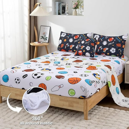 A Nice Night Boys Rugby Balls Comforter Set 6-Piece Bed-in-a-Bag with Sheet Set, Queen Size Polyester Bedding Collections for Kids, Durable & Easy Care, Sports Theme Design for Boys Bedroom