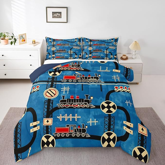 Erosebridal Cartoon Train Bedding Sets Full for Toddler Kids Boys Vintage Steam Engine Comforter, Travel Railway Track Transportation Bedding Construction Traffic Signs Retro Car Decor Quilt