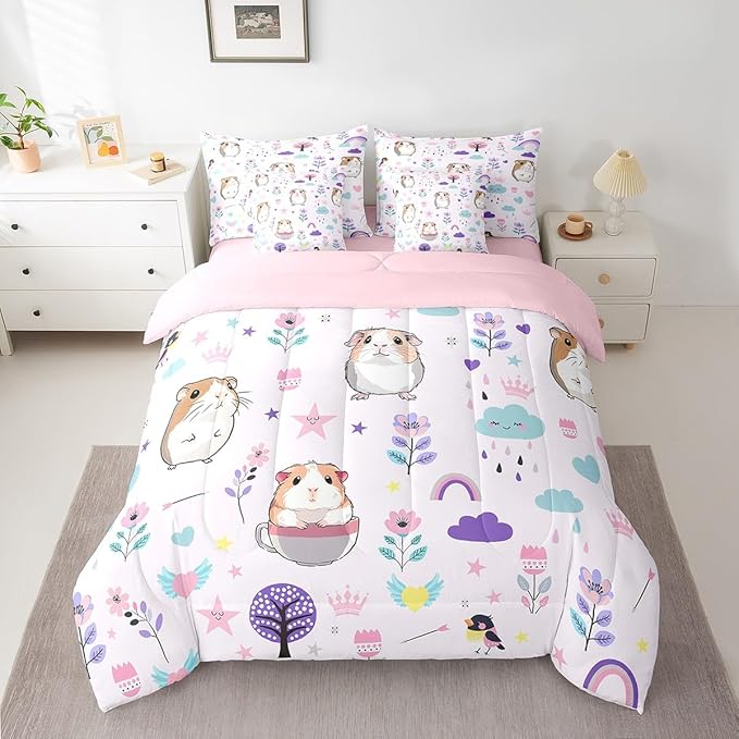 Erosebridal 7Pcs Floral Guinea Pig Kids Bedding Set for Boys,Twin Size Comforter Set with Sheets and Pillowcase,7Pcs Bed in a Bag,Cartoon Animal Children Bed Set, Cute Flower Comforter
