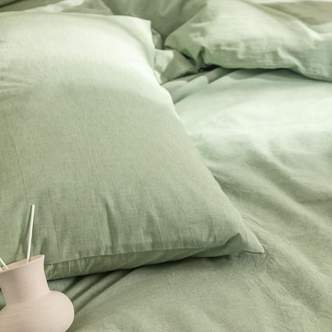 Green Duvet Cover Queen, 100% Washed Cotton Linen Like Textured Solid Color Casual Modern Style Green Bedding Set, with Zipper Closure, Luxury Soft Relaxed Feel Natural Wrinkled Comfy (3pcs, Queen)