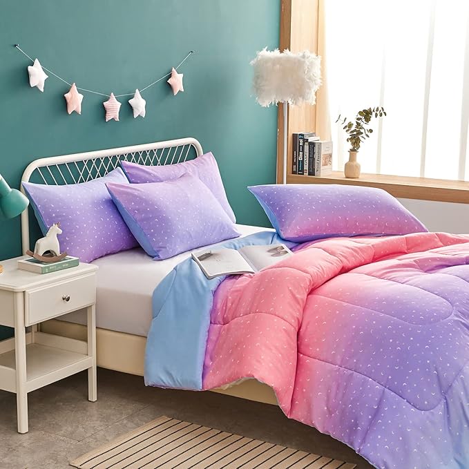 Yogeneg Pink Glitter Rainbow Kids Comforter Sets Full/Queen Size for Teen Girl &Boys Women,Metallic Printed Comforter with 2 Pillowcase, Microfiber 3 Piece Bedding Set,All Season(Rainbow A, Queen)