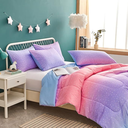 Yogeneg Pink Glitter Rainbow Kids Comforter Sets Full/Queen Size for Teen Girl &Boys Women,Metallic Printed Comforter with 2 Pillowcase, Microfiber 3 Piece Bedding Set,All Season(Rainbow A, Queen)