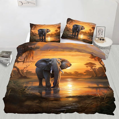 African Elephant Duvet Cover California King, Sunset Wade Elephant Bedding Set Bedroom Decor Tropical Wildlife Patterned Comforter Cover with Zipper Ties & 2 Pillowcases