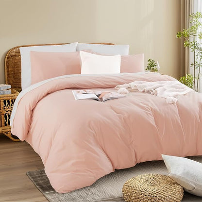 NEXHOME PRO Duvet Cover Set Kids Twin Size Linen Feel Textured Organic Natural 100% Washed Cotton Duvet Cover 2 Pieces Bedding Set with Zipper Closure, Breathable, Dusty Pink(No Comforter)
