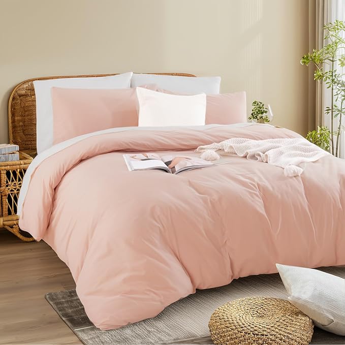 NEXHOME PRO Duvet Cover Set 100% Washed Cotton Oversized King 120"x98" Linen Feel Textured Organic Natural 3 Pieces Bedding with Zipper Closure and Corner Ties, Breathable, Dusty Pink (No Comforter)