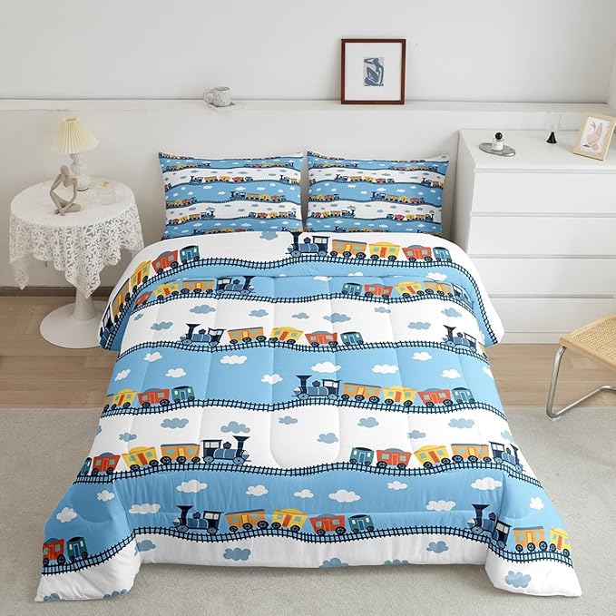 Erosebridal Kids Locomotive Train Comforter Set Twin,Cute Steam Engine Truck Bedding Sets for Boys Girls Blue White Clouds Duvet Insert Railway Car Vehicles Down Comforter with 1 Pillowcase