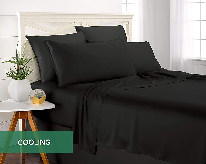 Pure Bamboo Queen Sheets, Genuine 100% Organic Viscose Derived from Bamboo Bed Sheet Set, Luxuriously Soft & Cooling, Double Stitching, 2 Year Quality Promise (Queen, Black)