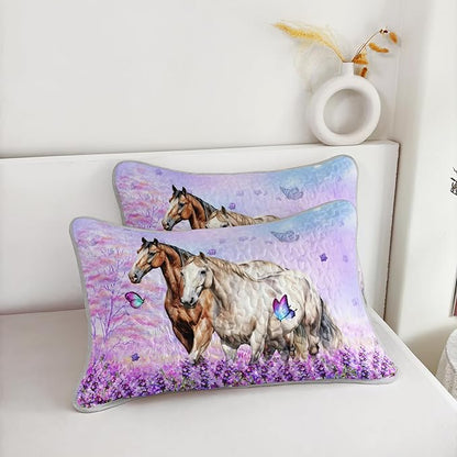 AILONEN Quilt Set Full Size, Purple Floral Horse Soft Bed Cover Bedding Set for Kids and Adults, Farmhouse Lightweight Bedspread Coverlet with 2 Pillowcases All Season