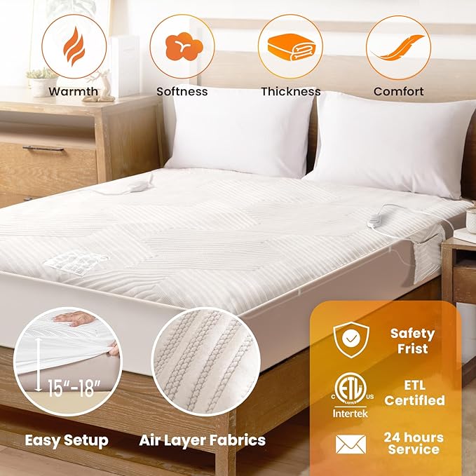 Electric Heated Mattress Pad King Size Dual Control Bed Warmer, Deep Pocket, Side Storage Pouch for Controller, Machine Washable, 3D Air Layer Fabric, 78"x80", Grey
