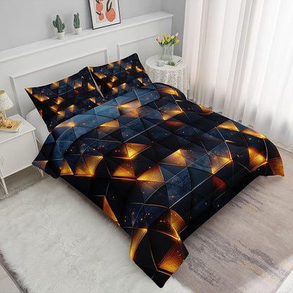 3D Geometric Comforter Set Yellow Neon Light Printed Bedding Set with 1 Comforter and 2 Pillowcases for Boys and Girls Bedroom All Season(Geometric Twin)