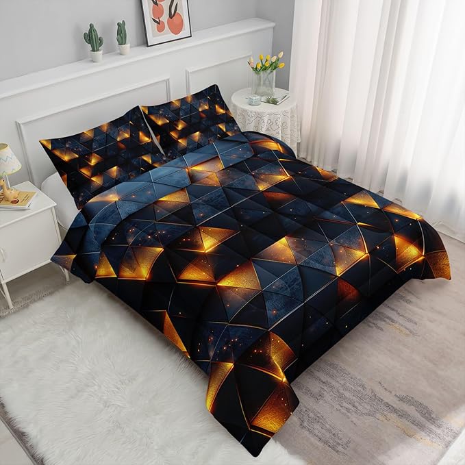 3D Geometric Comforter Set Yellow Neon Light Printed Bedding Set with 1 Comforter and 2 Pillowcases for Boys and Girls Bedroom All Season(Geometric Queen)