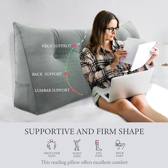 Headboard Wedge Pillow Large Bolster Triangle Reading Pillow Queen Size Bed Rest Back Support Pillow for Sitting up in Bed Daybed Couch Backrest Cushion Velvet Gray