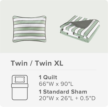 Comfort Spaces Twin Quilt Set Trendy Casual Fun, Vibrant Color Stripes Design, All Season Lightweight Coverlet Bedspread Twin Size Kids Bedding & Sham, Verone, Twin/Twin XL, Sage Green, 2 Piece