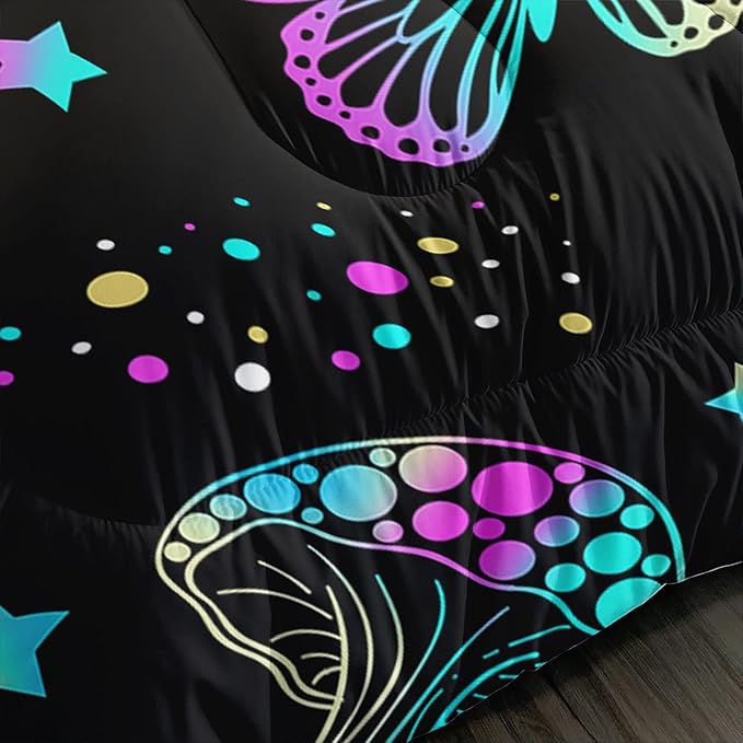 Colorful Mushroom Comforter Set Full Size Kids Mushroom Butterfly Bedding Set Star Quilt Bed Set for Boys Girls Adults with 1 Comforter and 2 Pillowcases