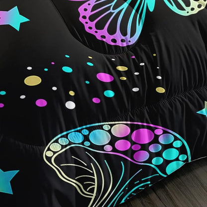 Colorful Mushroom Comforter Set Queen Size Kids Mushroom Butterfly Bedding Set Star Quilt Bed Set for Boys Girls Adults with 1 Comforter and 2 Pillowcases