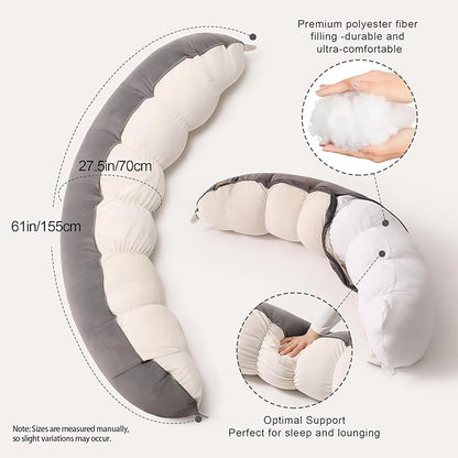 Peallow(Pat. Pend) – Long Round Body Pillow for Adults, Bolster Pillow for Sleeping, Soft and Supportive Pillow for Sleeping & Lumbar Support (Gray-White, 47")