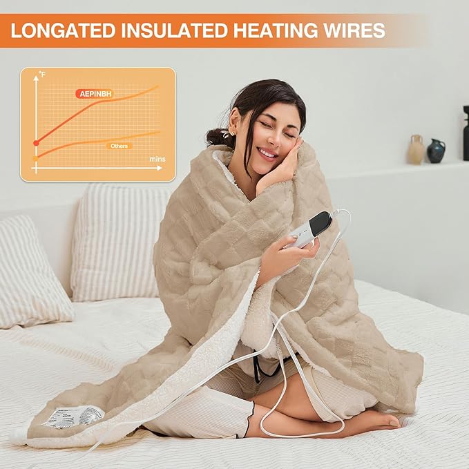 Electric Blanket, Heated Blanket with 6 Heat Levels & 10 Hours Auto Off, Soft Checked Flannel Fast Heating Blanket with ETL & FCC Certification (Khaki, 72"X84")