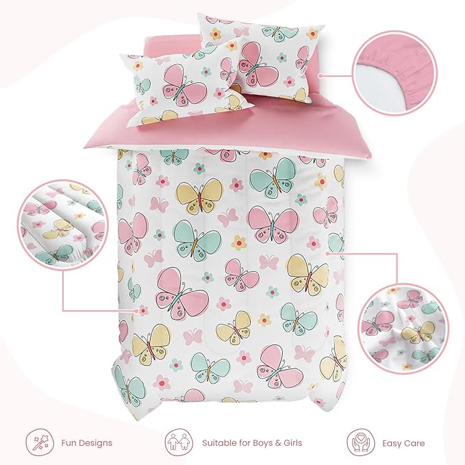 SANDJEST Butterfly Full Bedding Sets for Girls, Ultra Soft Microfiber Comforter Set with 4-Pieces, Bed Sets for Kid Tween Teen Bedroom Decor