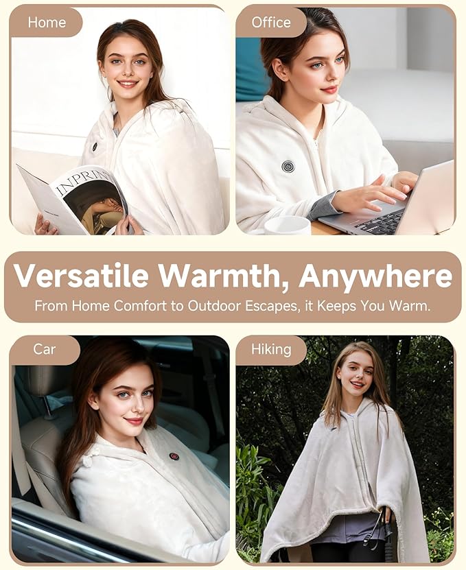 Cordless Heated Blanket with Hood, USB Battery Powered Heated Wearable Blanket with 9 Heating Zones, 20000 mAh Power Bank, 3 Levels, Portable Heated Throw Blanket, Heated Shawl, Camping Blanket, Gift