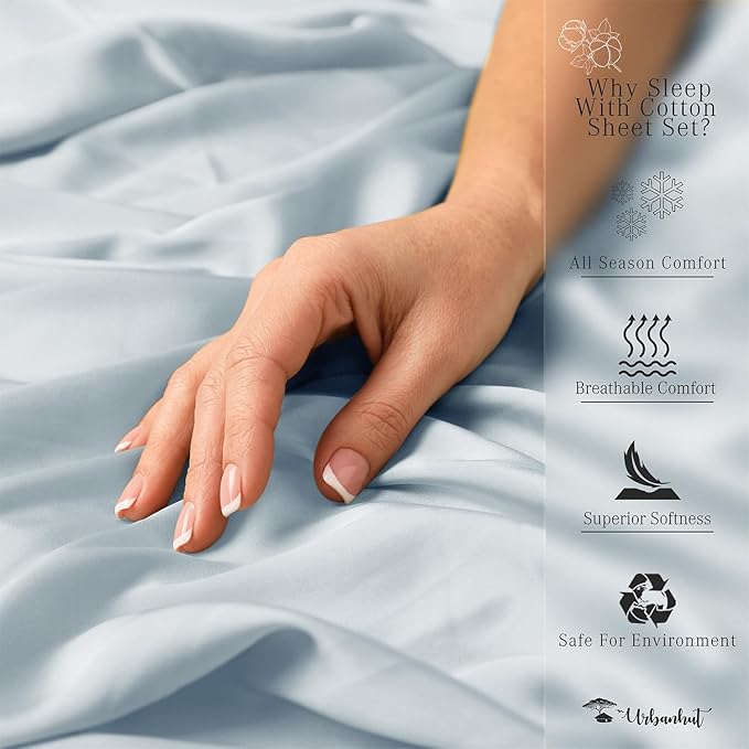 URBANHUT 1000 Thread Count Queen Sheet Set Egyptian Cotton, Long Staple Soft & Breathable, 4 Pc Bed Sheet Sets, Luxury Hotel Sateen Sheets Fits 16" Deep Pocket - Light Blue