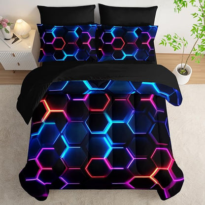 Geometric Twin Comforter Set,Colorful Neon Lights Honeycomb Bedding Set 7 Piece with Comforter Fitted Sheet Flat Sheet Pillowcases,Bed Sets Geometry Decor,Microfiber Lightweight All Season.