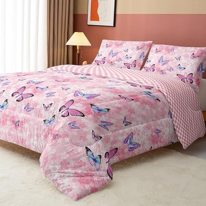 Datura home Kids Comforter Set Girls Pink Flower Butterfly Printed Pattern Quilt Bedding Set with 1 Comforter and 2 Pillowcases for Girls Bedroom All Season(Pink Flower Butterfly Twin 68x86inch)