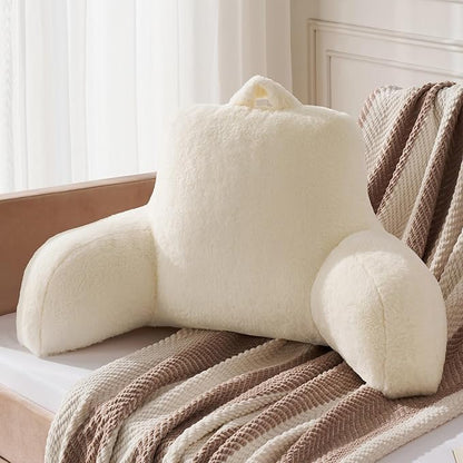 Faux Fur Reading Pillow for Bed/Couch/Floor/Dorm, Great Cozy Back Pillow for Bed Sitting Up, Fluffy Fur Bed Pillow for Sitting Up for Adults/Teens/Kids, Upgrade Back Support Pillow, Ivory