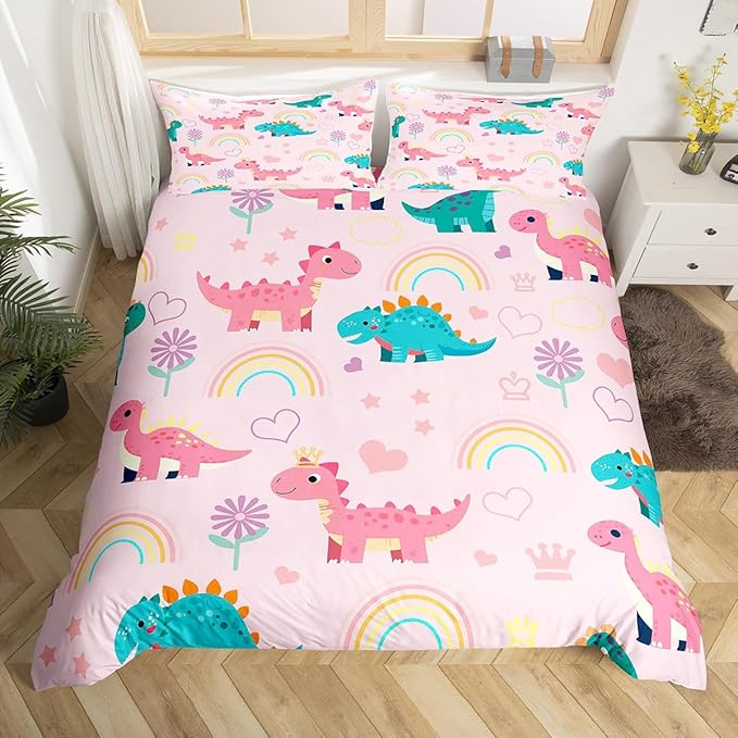 Lovely Dino Duvet Cover Set Twin Size,Cute Rainbow Floral Love Heart Reversible Bedding Set Soft Bedroom Decor,Pink Blue Dinosaur Kawaii Animal Polyester Quilt Cover (No Comforter), 2 Pcs