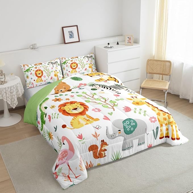 Feelyou Full Size Cartoon Lions Giraffe Comforter Set Zoo Animals Bedding Set Flamingo Zebra Comforter for Kids Boys Girls Kawaii Animals Duvet Insert 3Pcs