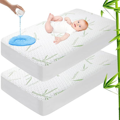 Mattress Protector Soft Crib Rayon Bamboo Waterproof Mattress Pad Cover, Soft Breathable Cooling Deep Pocket Stretches up to 21” Tightly Fitted Mattress Protection