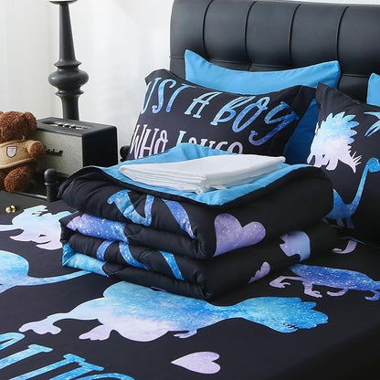 7 Piece Boys Dinosaur Comforter Set Full Size Blue Dinonsaur Soft Microfiber Bed in A Bag with Comforter,Sheet Set,Pillowcase and Sham for Child Teens All Season