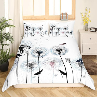 Dragonfly Duvet Cover Queen Size,Colorful Dandelion Bedding Set 3pcs for Kids Girls Woman Adult Room Decor,Nature Flying Animals Plants Comforter Cover Modern Boho Quilt Cover,2 Pillowcases,White
