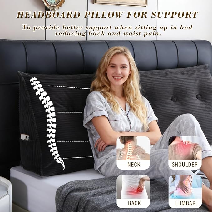 Wedge Headboard Pillow for Bed, Full Dorm Headboard Support for Sitting Up Reading, Relaxing, Removable Washable Corduroy Cover, Polyester and Shredded Foam Filling, Gray