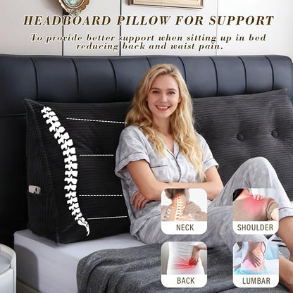 Wedge Headboard Pillow for Bed, King Dorm Headboard Support for Sitting Up Reading, Relaxing, Removable Washable Corduroy Cover, Polyester and Shredded Foam Filling, Gray