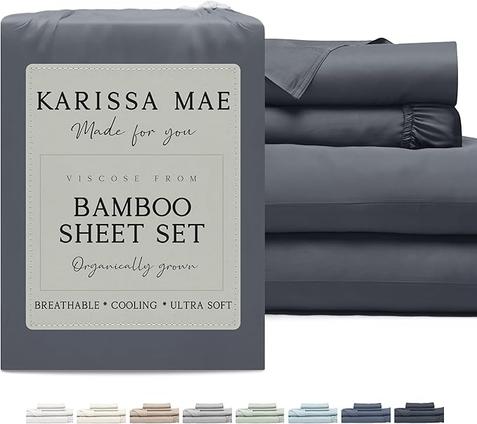 KARISSA MAE Cooling Bamboo Viscose Queen Sheet Set | 100% Organically Grown | 18” Deep Pocket | Silky, Soft, & Hypoallergenic | with Organizer Band & Elastic Corner Straps [Charcoal Grey]