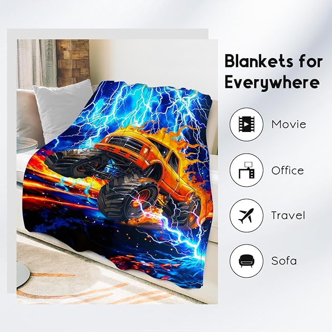 Boys Blanket, Truck Blankets Gifts for Kids, Truck Theme Throw with Fire, Cozy Flannel Throw for Boys Men Adults, 60"x80"