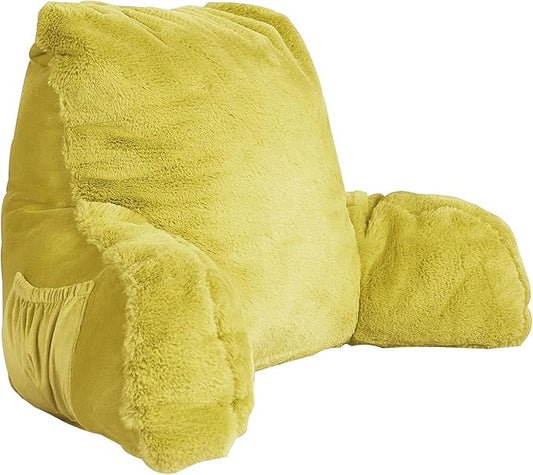 Home Soft Things Fox Faux Fur Bedrest Reading Pillow with Handle and Side Pocket, Backrest Armrest Pillow Back Support for Sitting up in Bed, 20" x 18" x 17", Lemon Curry