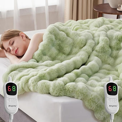Heated Blanket Throw with 1/2/4/6/8 Hours Auto-Off 10 Heat Level, 90'' * 100'' Cozy Faux Rabbit Fur Bubble Electric Blanket with Overheat Protection(Tie-Dye Green)