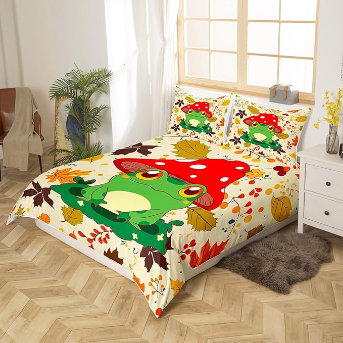 Castle Fairy Cartoon Mushroom Frog Duvet Cover Set Twin Size,Cute Kawaii Green Animal Comforter for Kids Boys Bedroom Gift,Autumn Maple Leaves Hazelnut Plant Bedding with 1 Pillowcase, Polyester