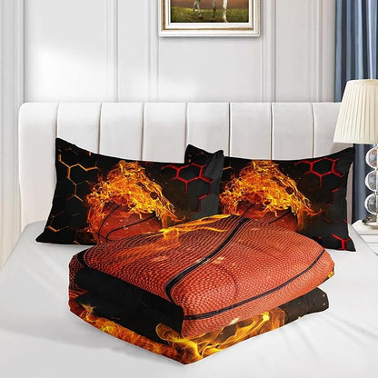 Basketball Bedding Set King Size,Black Honeycomb Background Comforter Flame Basketball Print Bedding Set for Boys Girls Bedroom Decor,Sports Themed Sets Comforter with 2 Pillowcases.