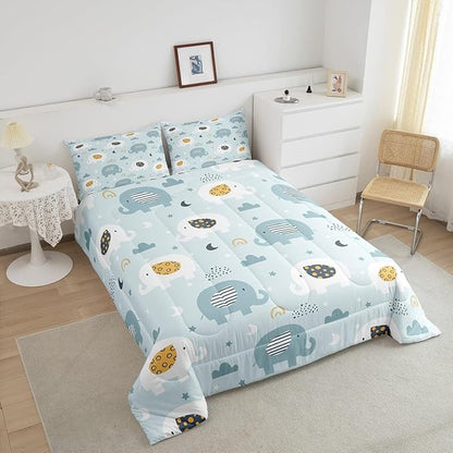 Feelyou Cartoon Elephant Bedding Set for Boys Girls Twin, Kids Zoo Animal Comforter Set Rainbow Elephant Comforter Wildlife Duvet Set 2Pcs