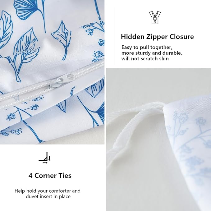 Blue Floral Duvet Cover Twin 2Pcs Botanical Flower Bedding Set Soft Microfiber Cottagecore Flowers Duvet Cover Set with 1 Pillowcase(No Comforter)